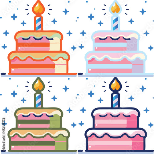 Colorful Layered Birthday Cake with Lit Candle Celebrating Special Day