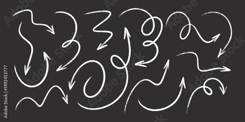 White chalk arrows on black chalkboard - artistic hand sketched doodle swirls, chaotic curved lines, pointers. Pencil crayon grunge scribbles, design elements drawings. Isolated marker stroke vector.