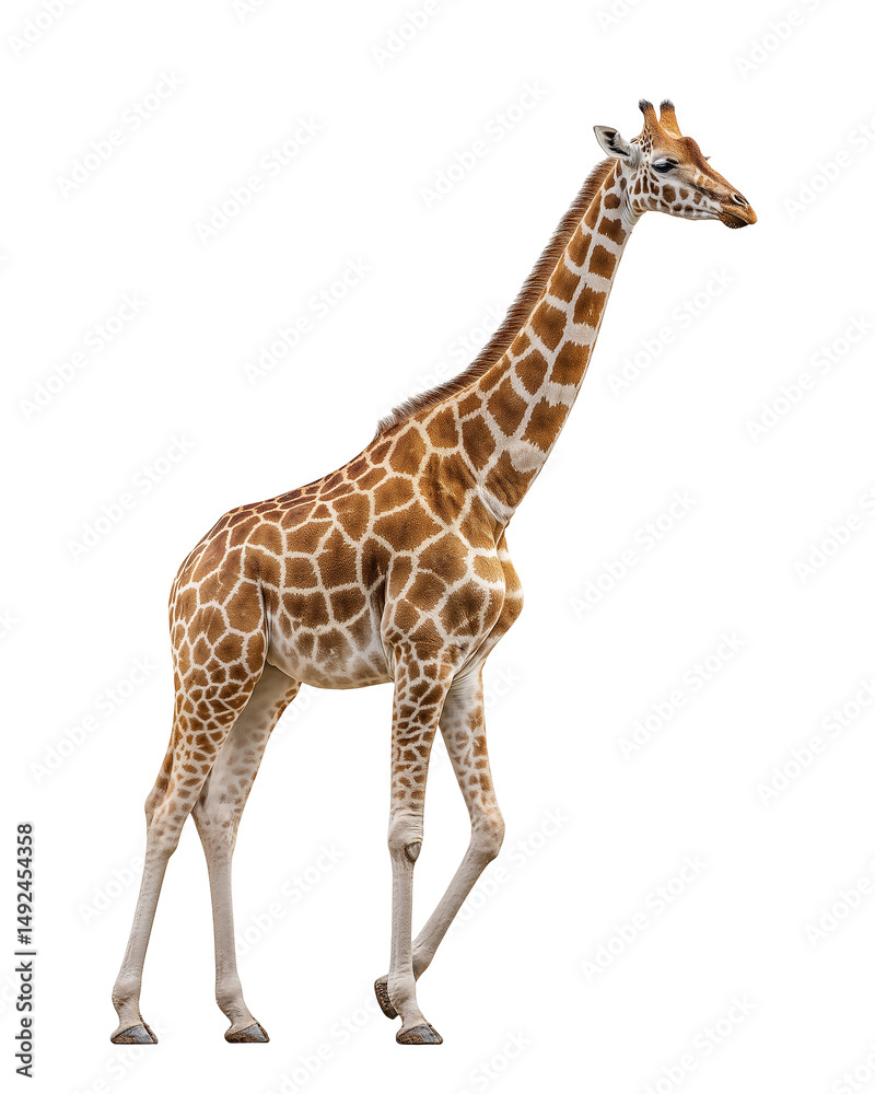 Naklejka premium Gentle Giant of the Savannah: A captivating, full-body shot of a graceful giraffe, showcasing its unique coat pattern and towering height, epitomizing the beauty of African wildlife.