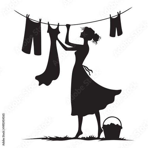 Vintage Woman Hanging Clothes on a Clothesline Silhouette Vector