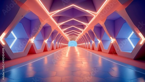 Futuristic abstract pastel hexagon tunnel with neon glow