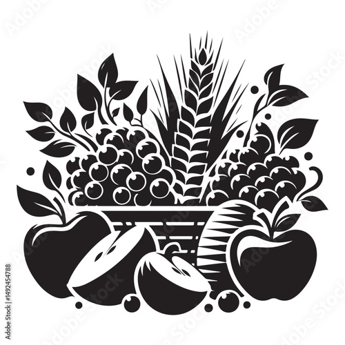 Harvest Bounty Basket Filled With Fruits Grapes Apples and Wheat Stalks