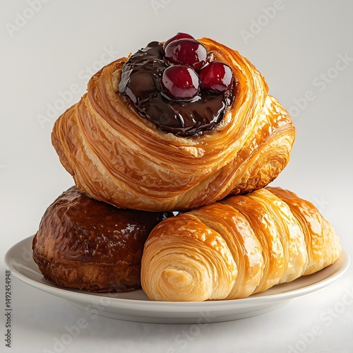 Three different pastries stacked on top of a croissant with chocolate filling and cherry fruit in the center, a buttered roll at the bottom left, and a flaky, cross-kneaded bun on the right side.