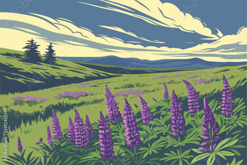 149 vast field of vibrant purple lupins, lush green foliage, dramatic blue sky with wispy clouds, serene and tranquil landscape, stunning natural scenery, breathtaking outdoor vista, hyperealistic, de