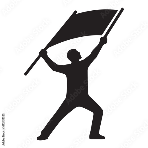 Silhouette Man Holding Flag Raised in Victory Vector Graphic