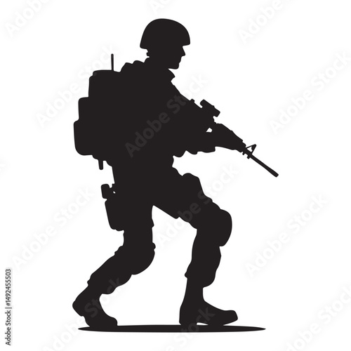 Silhouette of a soldier in combat with rifle vector art