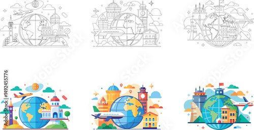 Illustration of world travel with globe and famous landmarks