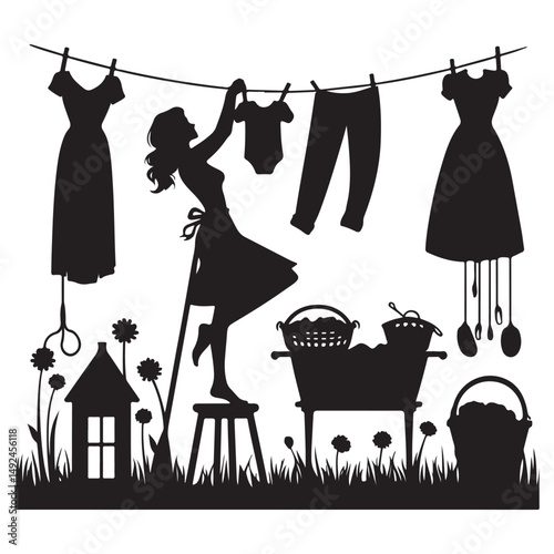 Vintage Housewife Silhouette Vector Illustration Hanging Laundry Clothesline