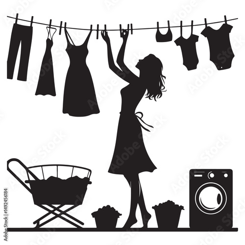 Woman hanging laundry clothesline silhouette vector design in home