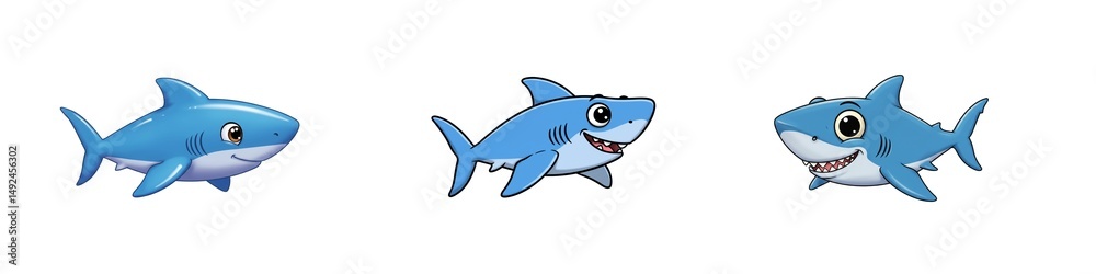 Naklejka premium Comical cute shark cartoon, in clean white background, perfect for lighthearted designs, games, or character collections.