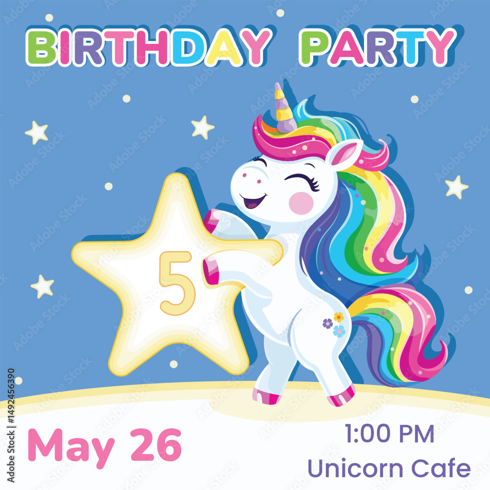 Fototapeta premium Birthday party invitation with number 5. Template with cute and happy unicorn with multi-colored hair and star. Poster, Banner, Flyer. Vector illustration in flat cartoon style