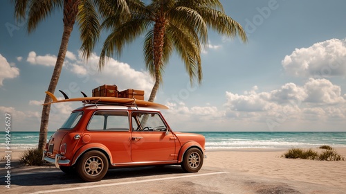 Vintage car on tropical beach with surfboards and luggage, perfect for travel brochure, magazine or website