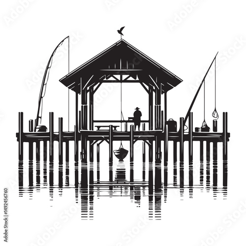 Silhouette of Fishing Pier with Angler in a Serene Scene Illustration