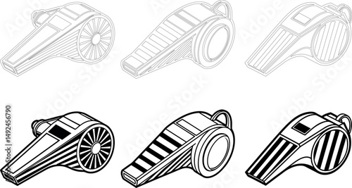 Illustration of various whistles in black and white on a white background
