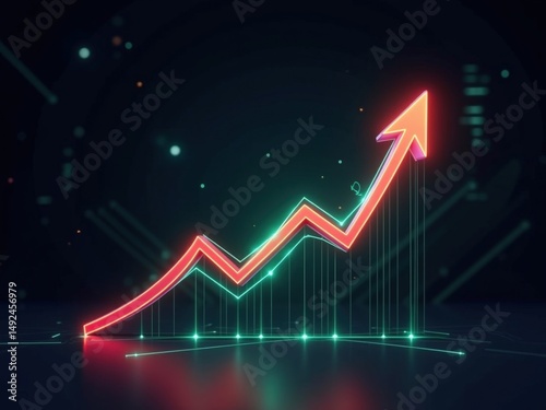 Vibrant Red Neon Arrow Graph Illustrating Financial Growth and Upward Business Trajectory