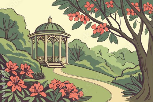 150 vibrant, lush garden, verdant foliage, flourishing blooms, ornate gazebo, winding path, serene, idyllic, detailed, photorealistic, 8k, highly detailed, award-winning photograph