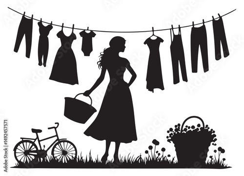 Domestic Silhouette A Woman Doing Laundry Black and White Illustration