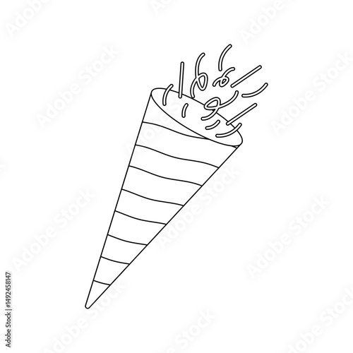 Party Popper Line art style, cone shaped popper with streamers, ideal for festive decorations or party moments.