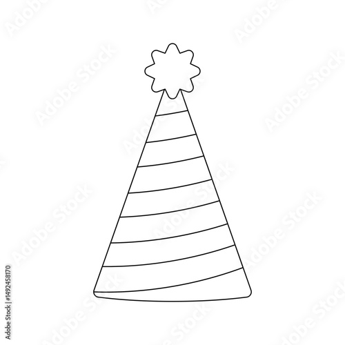 Striped Party Hat Line art style, conical striped party hat with flower top, used in celebration scenes or party related graphics.