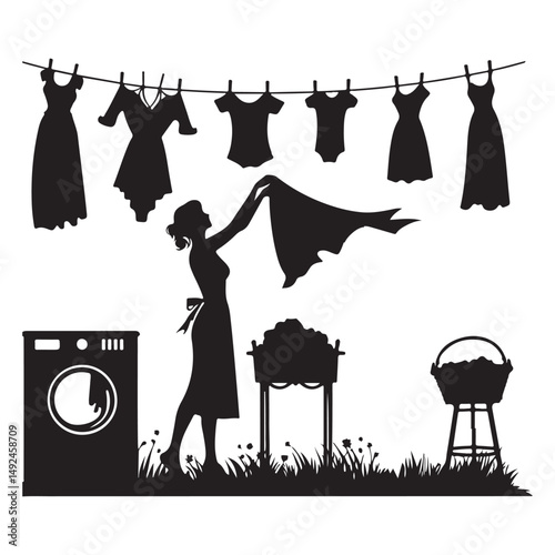 Vintage Silhouette Laundry Day Outdoor Chore Scene Illustration Vector