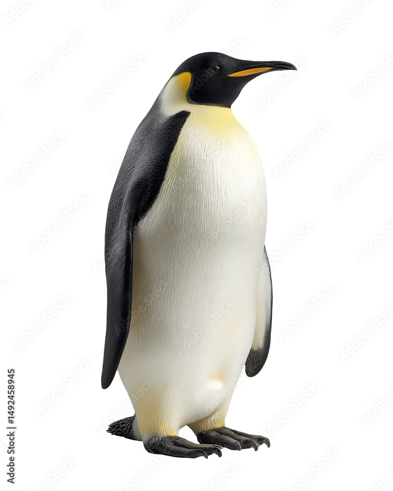 Obraz premium Majestic Emperor Penguin: A regal emperor penguin stands tall, its striking black, white, and yellow plumage. Photographed in a studio setting, showcasing its distinct features.