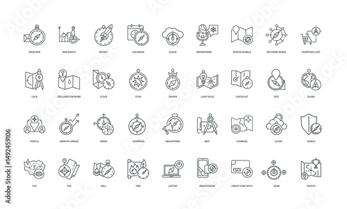 collection compass themed line icons, basic design elements
