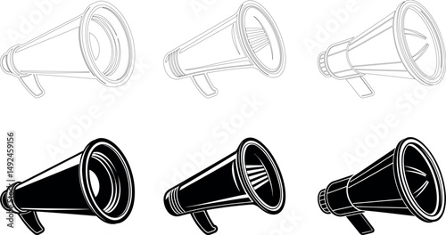 Three black and three outline megaphone illustrations on a white background