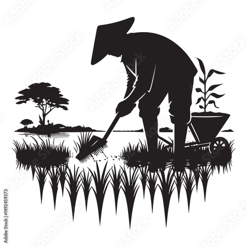 Traditional farming planting rice silhouette illustration vector style