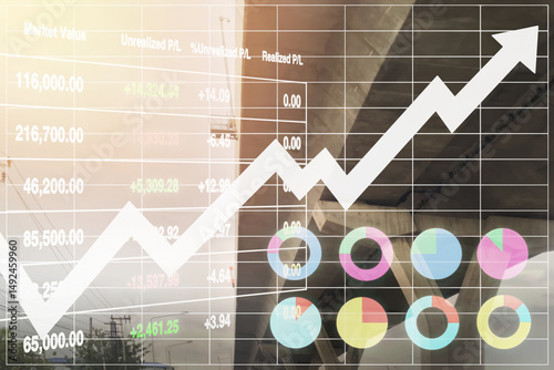 Stock financial index show successful investment on infrastructure industry with graph, chart, candlesticks and arrow up symbol on overpass superhighway structure background.
