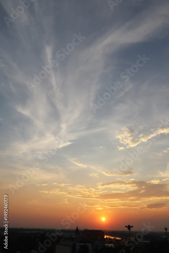 Aerial view of sunrise in suburb area with freshness atmosphere on tropical summer season beautiful clear sky.Image use for travel and meteorology forecast background.

