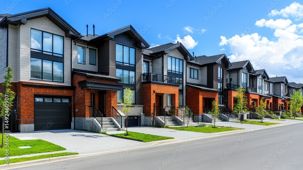 Wide-angle perspective of contemporary townhouses featuring horizontal brick patterns Wide-angle perspective of contemporary townhouses featuring horizontal brick patterns
