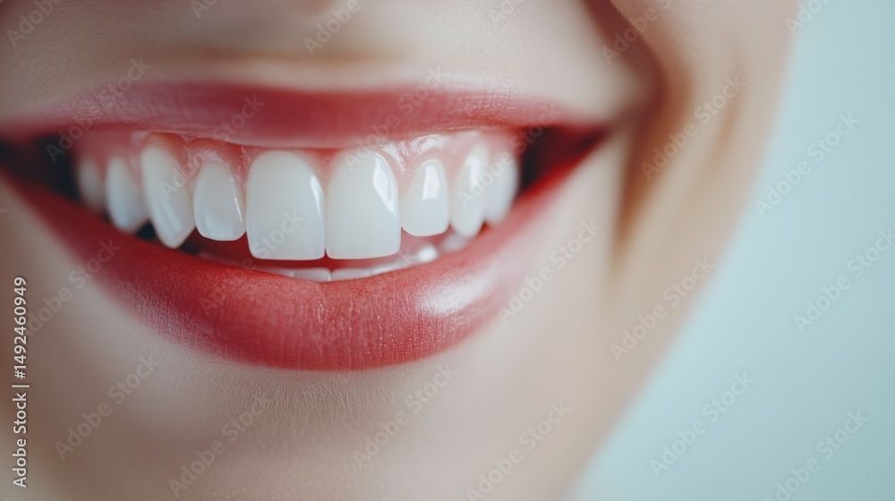 Fototapeta premium Smiling woman with bright white teeth showcasing confidence and beauty in a serene indoor setting