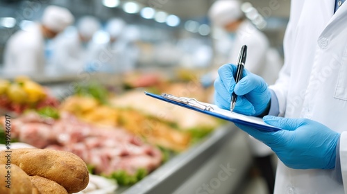 Quality control in a food processing facility: An inspector in protective gear meticulously records observations on a clipboard during routine inspection.