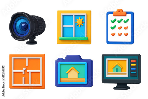 Photography and home planning icons set – 3d, camera, checklist, design graphics