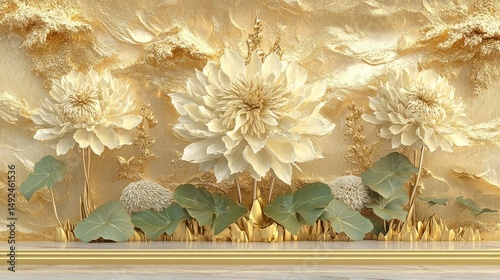 Ornate floral design on a golden, textured surface.