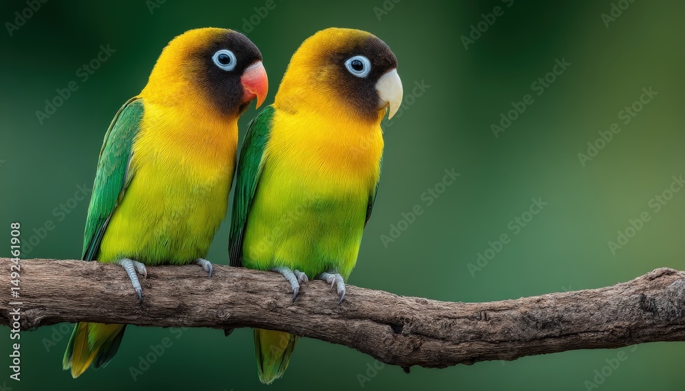 Obraz premium Two colorful lovebirds perched on a tree branch facing each other with a blurred green background