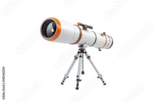 Sleek refractor telescope with orange accents, mounted on adjustable tripod, perfect for astronomy enthusiasts, isolated on a transparent background