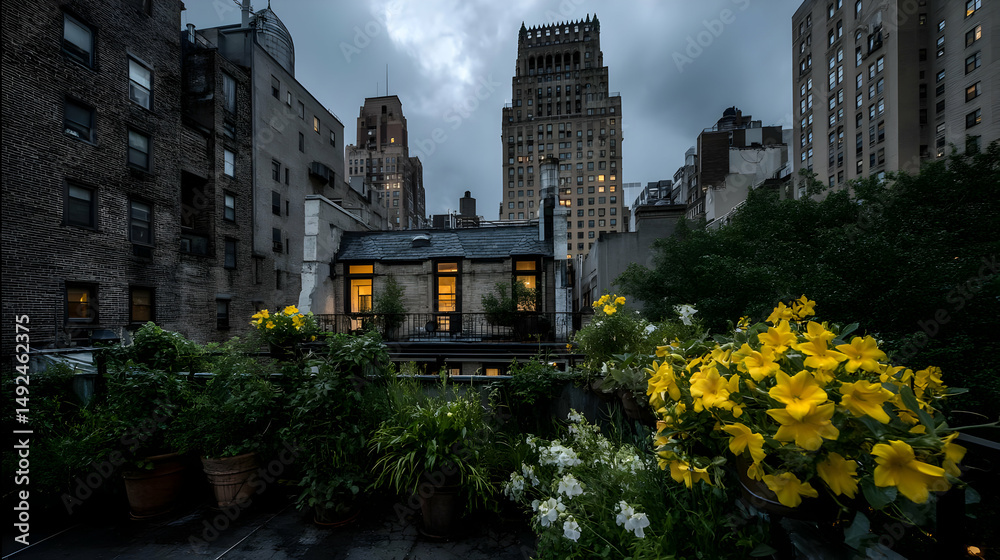 Naklejka premium framed by a foreground of flowering plants on a rooftop