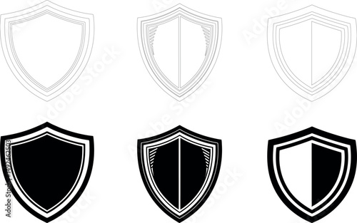 Set of shield shapes in various styles on a white background