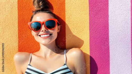 Woman relaxing on vibrant striped towel. photo