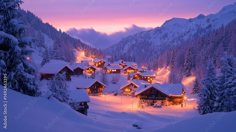 Fototapeta premium Aurora casting its colorful glow over a snow-draped village nestled in the mountains, Generative AI