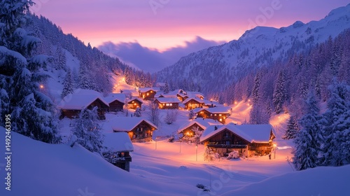 Aurora casting its colorful glow over a snow-draped village nestled in the mountains, Generative AI