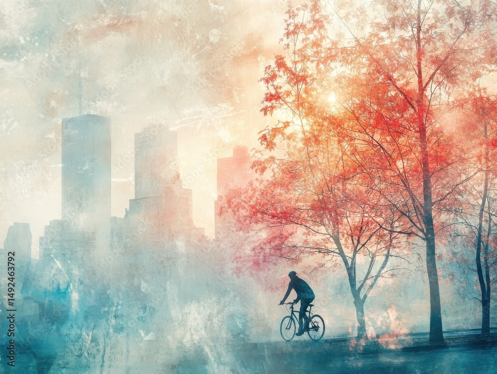 Fototapeta premium Cyclist Silhouette at Sunrise with Hazy City Skyline and Autumnal Trees