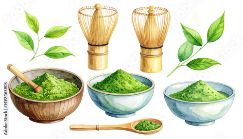 Watercolor illustration of a traditional Japanese matcha set including matcha bowl, bamboo whisk, spoon, and vibrant green matcha powder, delicate brush strokes
