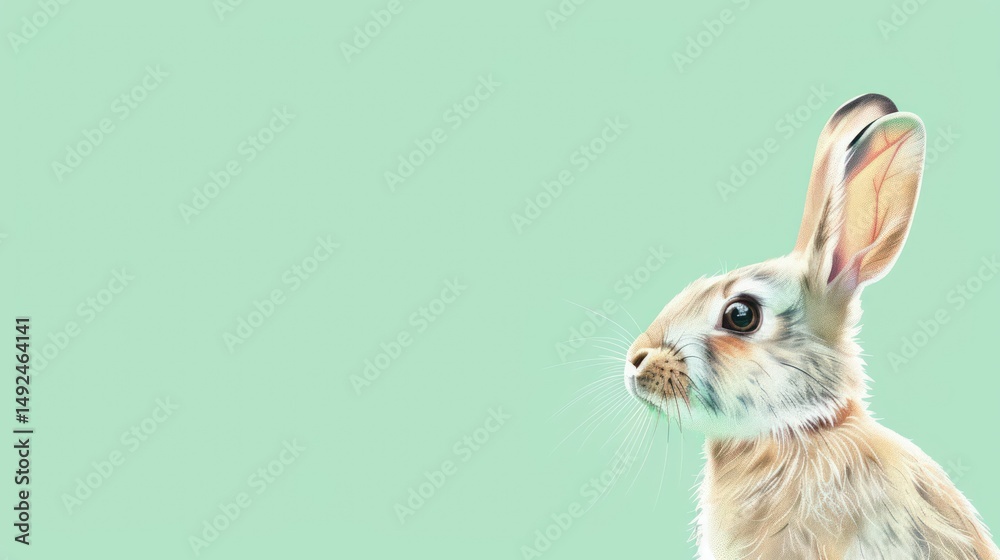 Obraz premium Charming rabbit portrait on pastel mint green background, fluffy bunny headshot with whiskers and big eyes, soft fur texture, spring Easter animal, gentle portrait and Copy Space