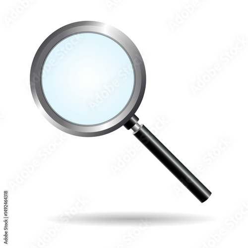 Realistic magnifying glass with metallic frame and black handle, isolated on white background. Transparent glass. Search and inspection concept