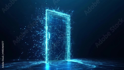 Abstract digital open door in future. Technology portal with bright neon light. Low poly futuristic door in tech blue. Opportunity concept on dark background. Wireframe polygonal illustration