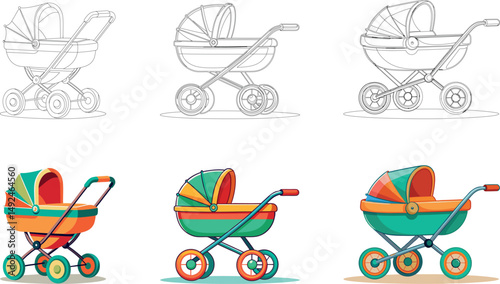 Illustration of baby prams in color and outline on a white background
