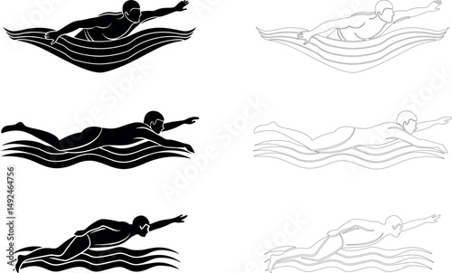 Swimmer doing the crawl stroke in black silhouette and outline on white background