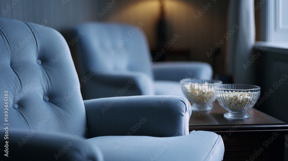 Fototapeta premium Cozy blue armchairs and bowls of popcorn on a wooden table in a softly lit living room, suggesting a relaxed movie night ambiance.
